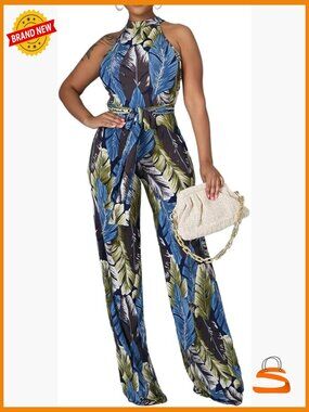 Women Sleeveless Floral Jumpsuit with Zipper Long Straight Pants Cocktail Party